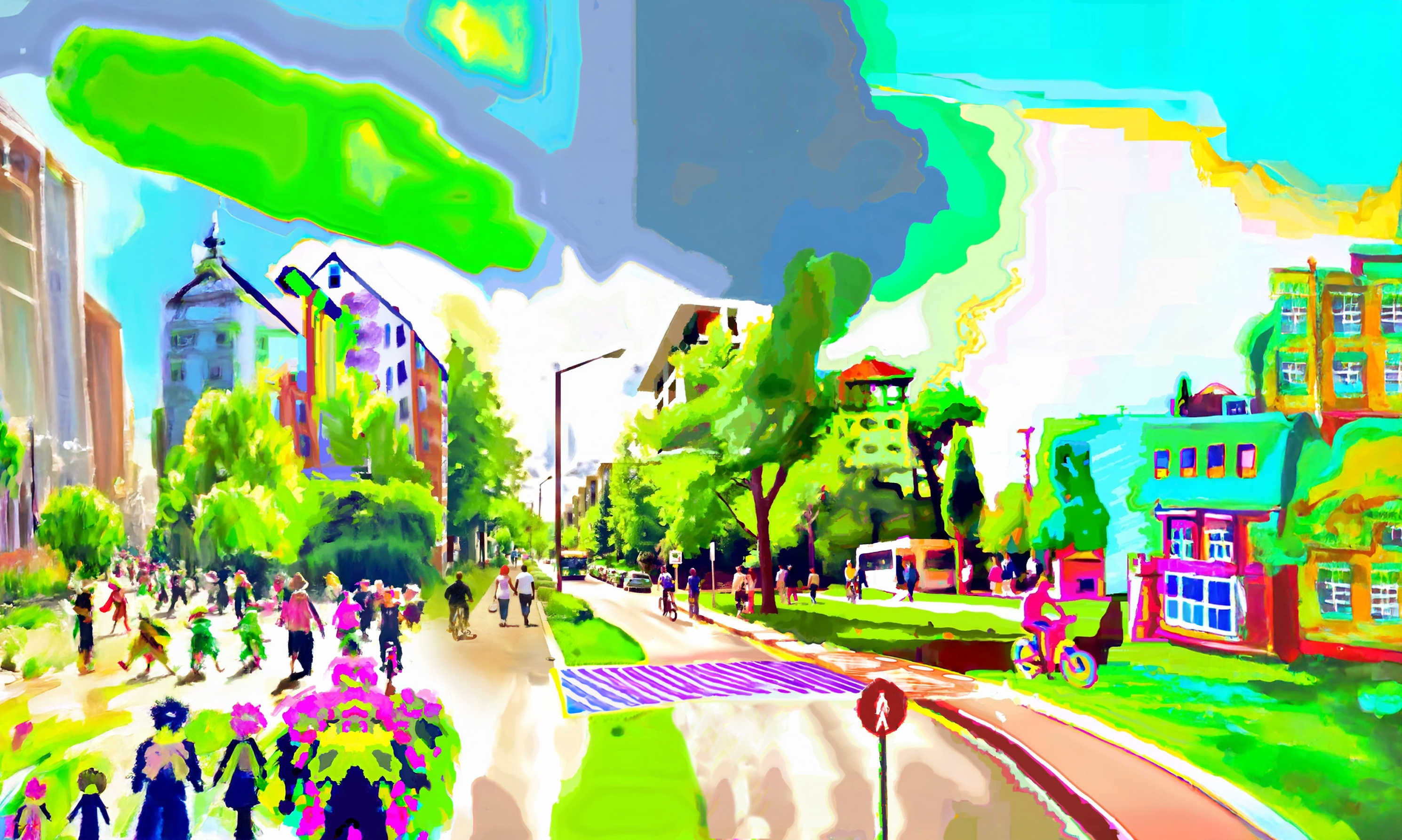 A prosperous street with a blue sky above